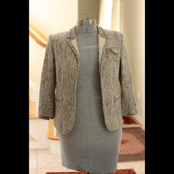PRADA Gray Tweed and Tan Leather Trim Open Blazer - Picture 1 of 6
